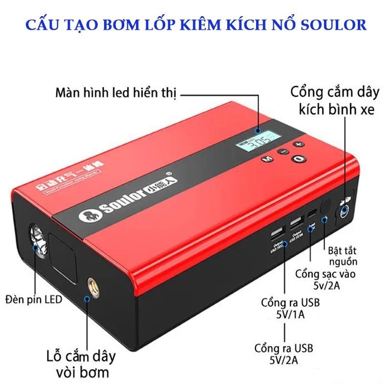 Bơm lốp ô tô Soulor Q8S Pro 6.400mAh - Kiêm kích bình